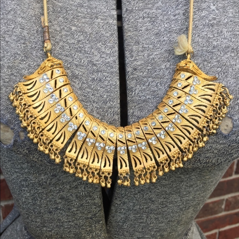 Statement Boho Necklace Goldtone Rhinestones Glam